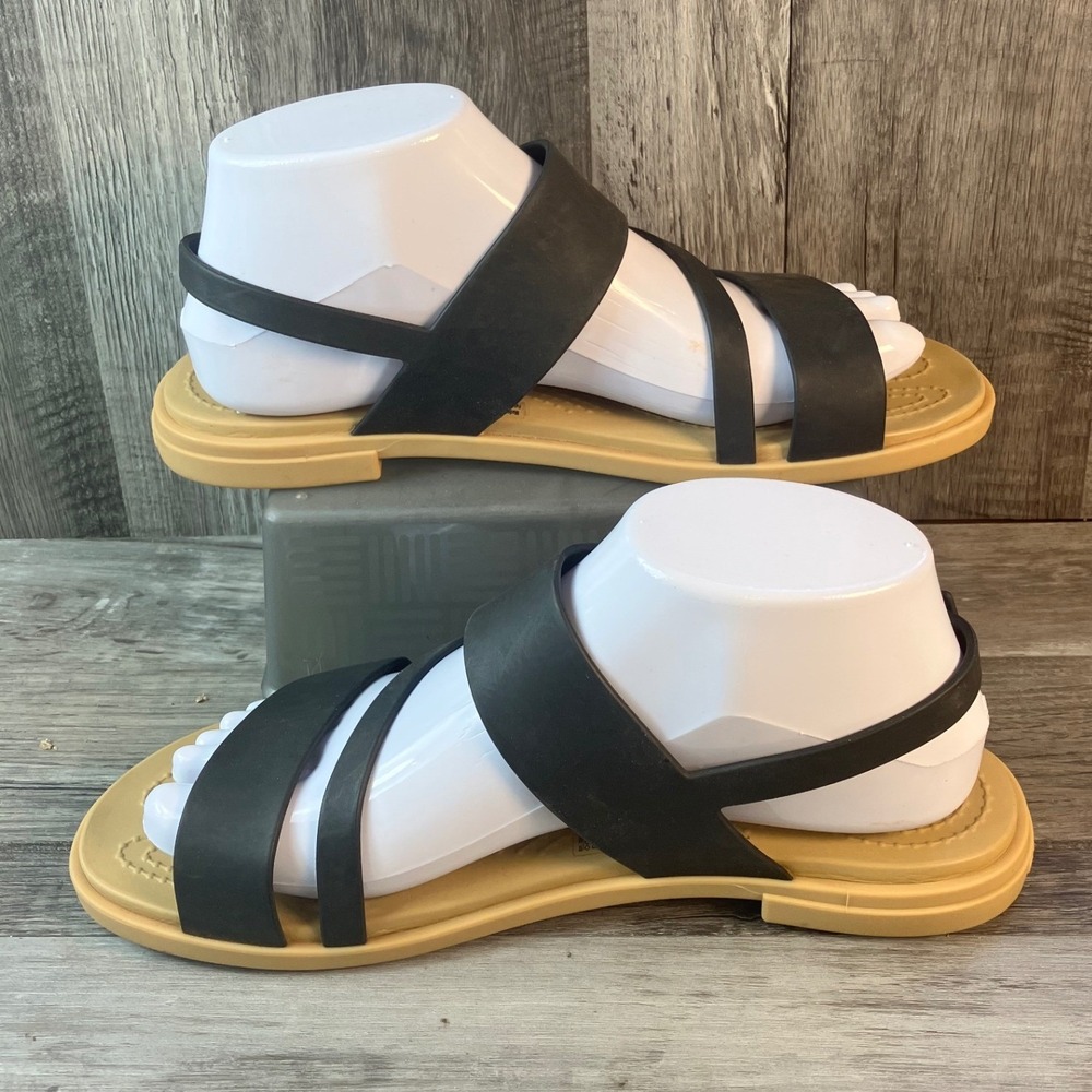 Crocs Tulum Strappy Sandals Womens 8 Black Tan Flat Buckle Ankle Strap 206107 - Picture 2 of 7